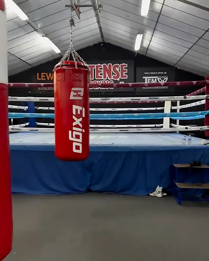 Empty boxing ring, heavy bags and Intense Boxing sign in the Plymouth gym